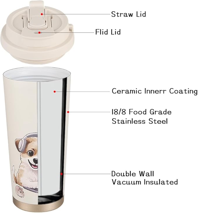 Funkrin Coffee Travel Mug with Straw & Flip Lid, 16oz Insulated Tumbler Cup with Ceramic Coating, Double Wall Vacuum Leak-Proof Mug for Office School Party Camping