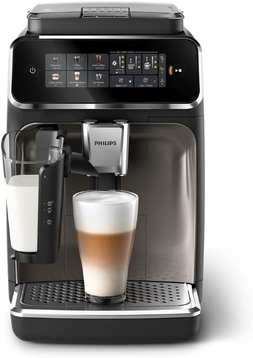PHILIPS 3300 Series Fully Automatic Espresso Machine - LatteGo Milk System, 5 Coffee Varieties, Intuitive Touch Display, SilentBrew, 100% Ceramic Grinder, AquaClean Filter, Glossy Black (EP3347/90)