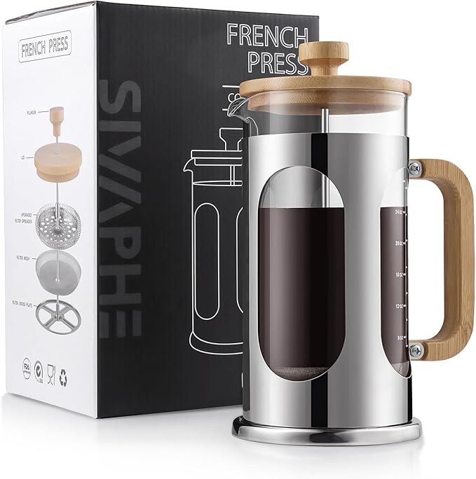 Sivaphe 8 cup French Press Coffee Maker No-Plastic, Borosilicate Glass Bamboo Lid and Handle Coffee Tea Press 34 oz
