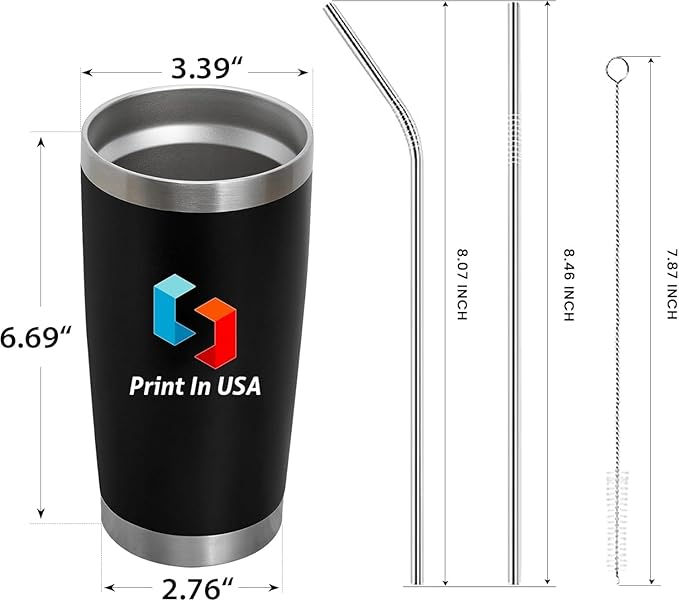Personalized Custom Print in USA Tumbler 20oz Stainless Steel Double Wall Coffee Cup with Lid & Straw Insulated Tumbler with Colorful Text Logo Photo