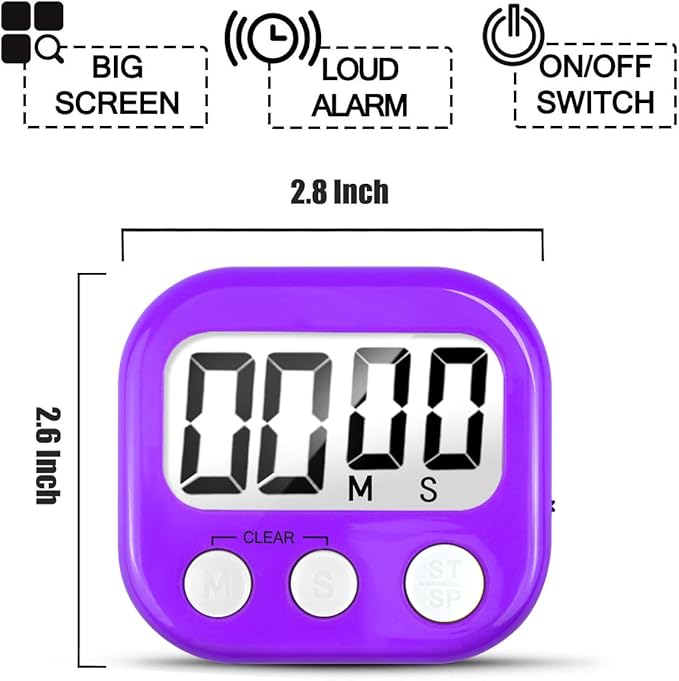 6 Pack Digital Kitchen Timer for Cooking Big Digits Loud Alarm Magnetic Backing Stand Cooking Timers for Baking Purple