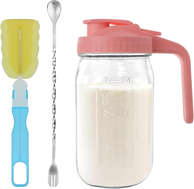 Cnsndqedke 64oz Glass Pitcher with Lid &Pour Spout - 2 Quart Breastmilk Pitcher Double Leak Proof, Creamer Container for Sun Tea, Juice, Cold Brew Coffee, Breastmilk Storage Container -Pink Lid