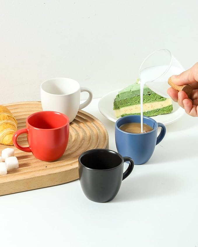 HASENSE Ceramic 3 OZ Espresso Cups, Porcelain Espresso Demitasse Cups Set of 4 for Double shot, Lungo and Ristretto, Tiny Italian Expresso Shot Coffee Mugs for Home and Office, White