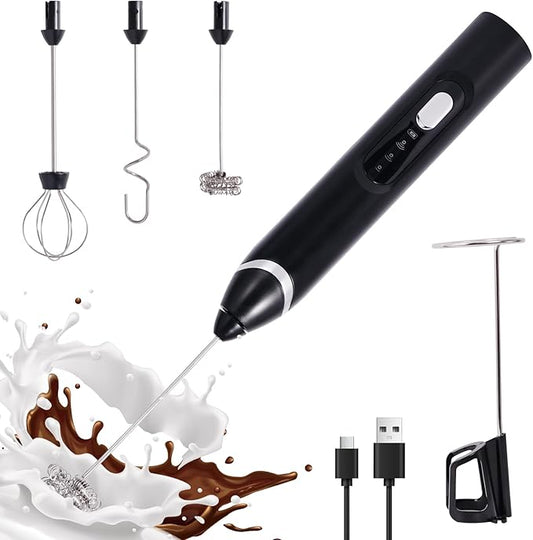 Handheld Milk Frother Wand for Coffee，Rechargeable Drink Mixer, 30dB Ultra Quiet with 3 Adjustable Speeds & 3 Whisks For Cappuccino, Hot Chocolate, Egg，Protein powder