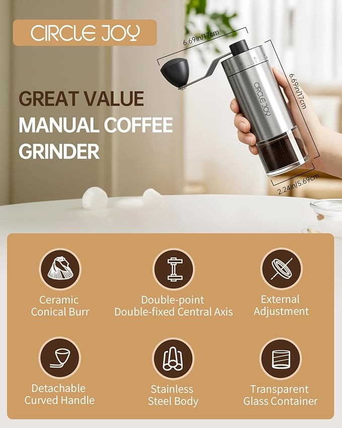 CIRCLE JOY Manual Coffee Grinder with 40 External Adjustable Settings, Portable Stainless Steel Hand Coffee Grinder, Ceramic Conical Burr Coffee Grinder for Camping, Travel and Espresso, 30g Capacity