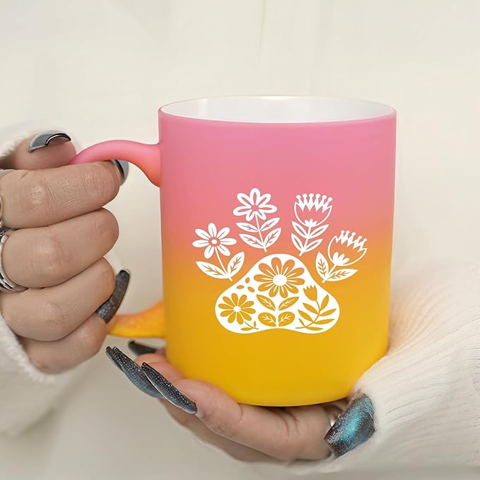 G MUGS Dog Paw Ceramic Tea Mug, Floral Pet Paw Design Coffee Mug, Cute Animal Lover Gift for Women,13oz Yellow And Pink Mug
