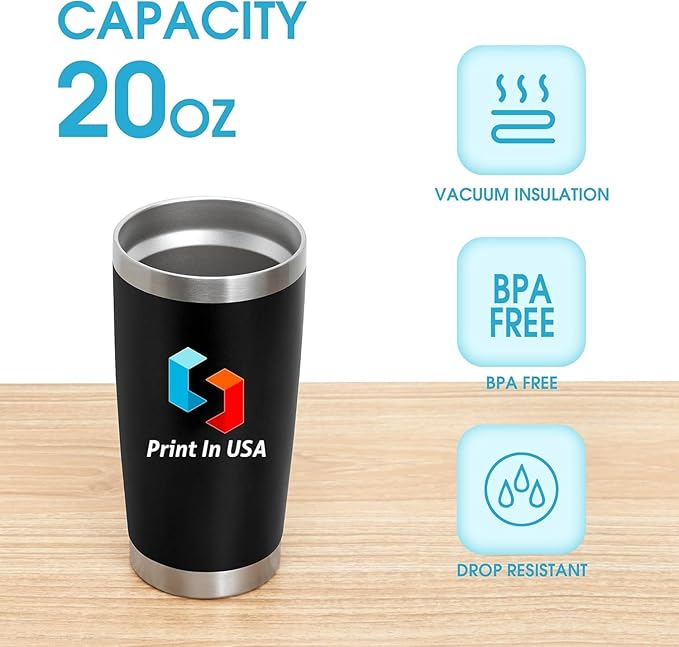 Personalized Custom Print in USA Tumbler 20oz Stainless Steel Double Wall Coffee Cup with Lid & Straw Insulated Tumbler with Colorful Text Logo Photo