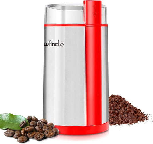 Wancle Electric Coffee Grinder, Quiet Spice Grinder, One Touch Coffee Mill for Beans, Spices and More, with Clean Brush (Red+Stainless Steel+Red)