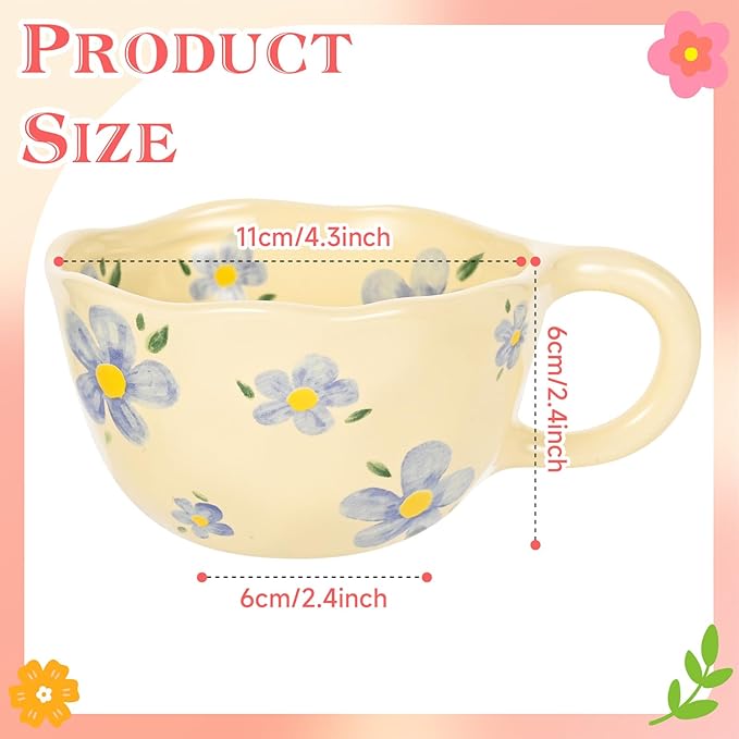 MAKCNMYM Ceramic Coffee Mug Vintage Flower Mugs 8 oz Cute Floral Coffee Mugs Irregular Latte Art Cup Lead-free Porcelain Cups for Cappuccino, Cocoa (Blue Flowers)