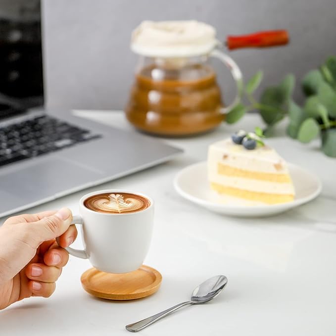 HASENSE 3 Ounce Espresso Cups and Saucers Set of 6, Demitasse Cups with Handle for Coffee Drinks, Latte, Cappuccino, Cafe Mocha and Tea, Porcelain Coffee Cups for Coffee Bar Home and Party, White