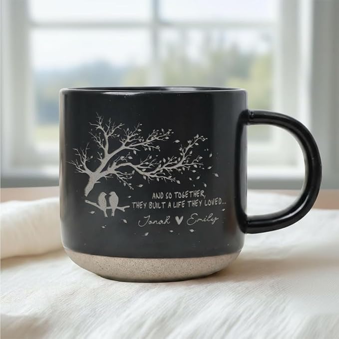 Personalized Love Birds Pottery Mug 12oz, Custom Couple Tree Design Coffee Mug with Names, Engagement, Wedding & Anniversary