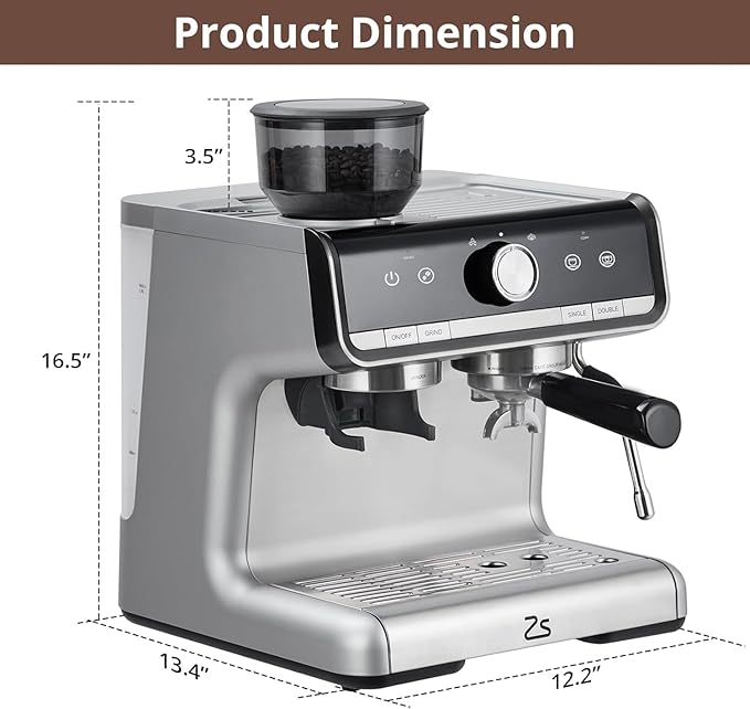 Semi-Automatic Espresso Machine, 20 Bar Professional Coffee Maker with Grinder, 1450W Fast Heating, 30 Grind Settings, Milk Frother Steam Wand, 2.8L Water Tank, Home & Kitchen Espresso Machines, Gray