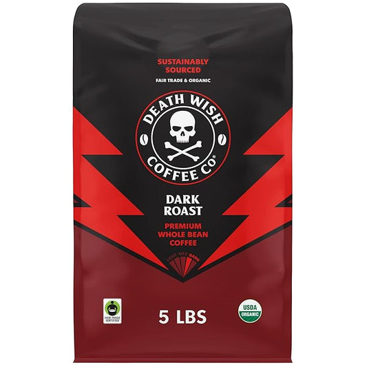 Death Wish Coffee Whole Bean Dark Roast - USA Organic Coffee Beans - Fair Trade Arabica & Robusta Coffee Beans - Dark Roast Coffee Beans (80 oz.)