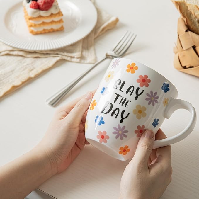MVYAVYUS 16OZ Ceramic Slay the Day Coffee Mugs Set, Large Colorful Coffee Cups with Handles for Milk, Tea, Latte, Mocha, Cocoa, Cappuccino, Porcelain Cups Gift for Holiday or Anniversary (4PCS)
