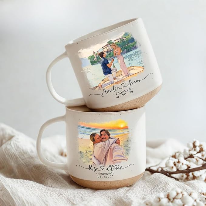 Personalized Couple Photo Pottery Mug 12oz, Custom Engagement, Wedding & Anniversary Coffee Mug, Handmade Ceramic Mug with Names, Date, Romantic Gift for Couple