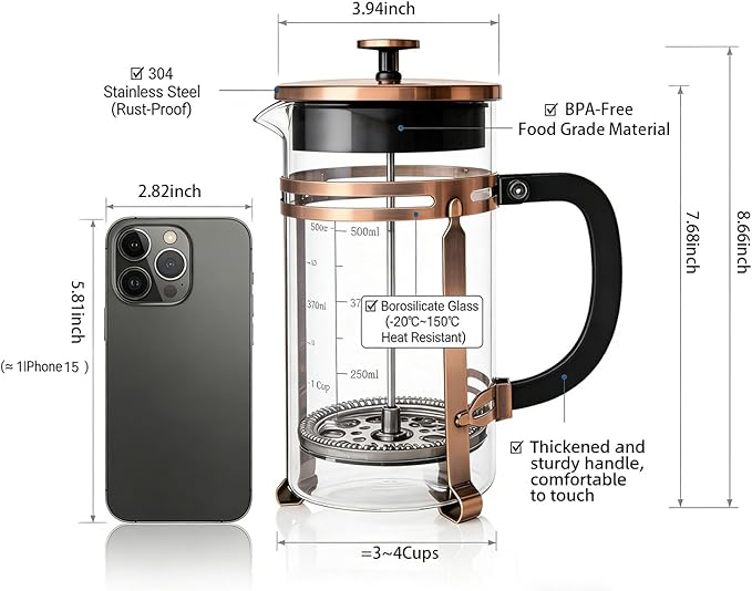 French Press Coffee Maker with Copper Frame, Multi-Layer Stainless Steel Filter, Glass Carafe with Measurement Markings, Easy to Clean, for Home & Office