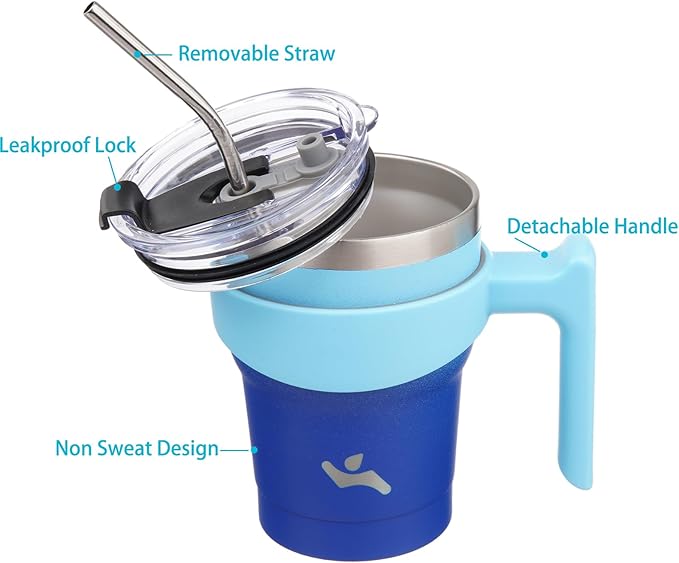 10 oz Tumbler with Handle and 2 Straw 2 Lid, Insulated Water Bottle Stainless Steel Vacuum Cup Reusable Travel Mug,Sky