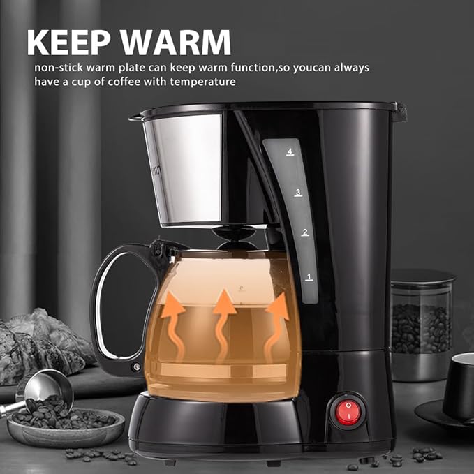 Nehilumn 4 Cups Drip Coffee Maker, Coffee Pot Machine Permanent Coffee Filter, Mini,20Oz Electric Coffee Maker,650W Black and Stainless Steel