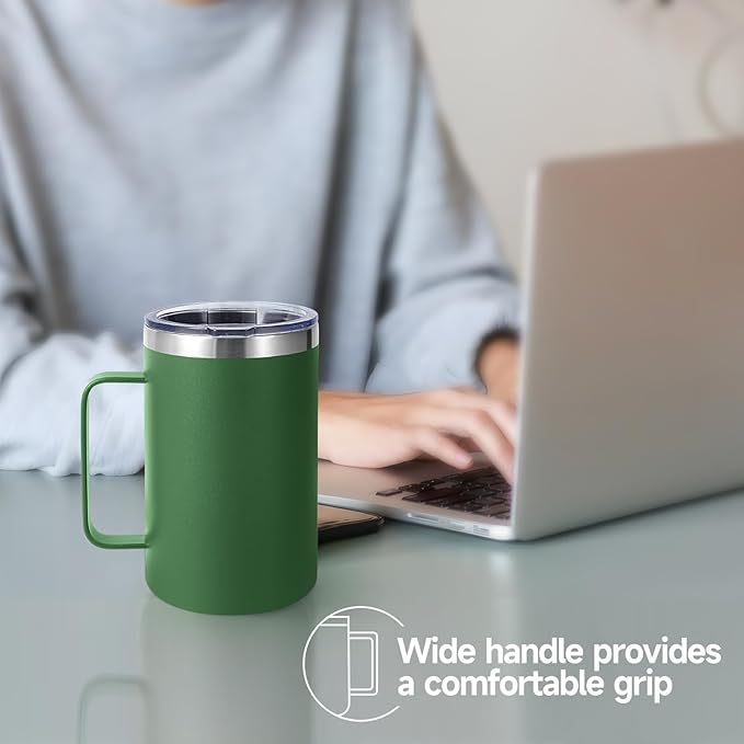 Volhoply 16oz Insulated Coffee Mug with Lid and Straw, Stainless Steel Travel Mugs with Handle, Double Wall Vacuum Leak Proof Coffee Tumbler Cup (Army Green,2)