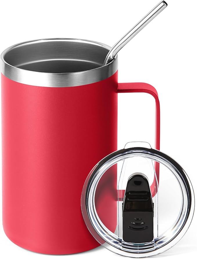 Volhoply 16oz Insulated Coffee Mug with Lid and Straw, Stainless Steel Travel Mugs with Handle, Double Wall Vacuum Leak Proof Coffee Tumbler Cup (Red,1)