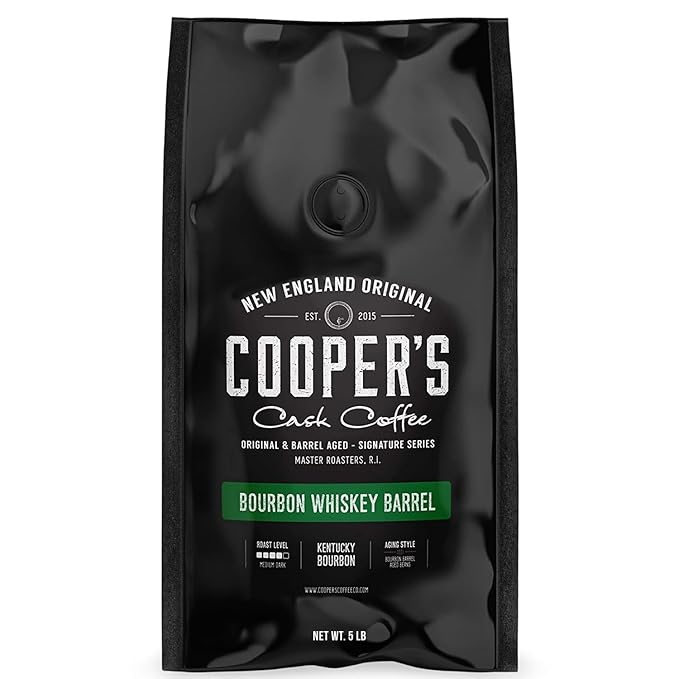 Bourbon Barrel Aged Coffee, Single-Origin Colombian Beans Aged in Kentucky Bourbon Whiskey Barrels, Medium Dark Roast Whole Bean, 5 lb