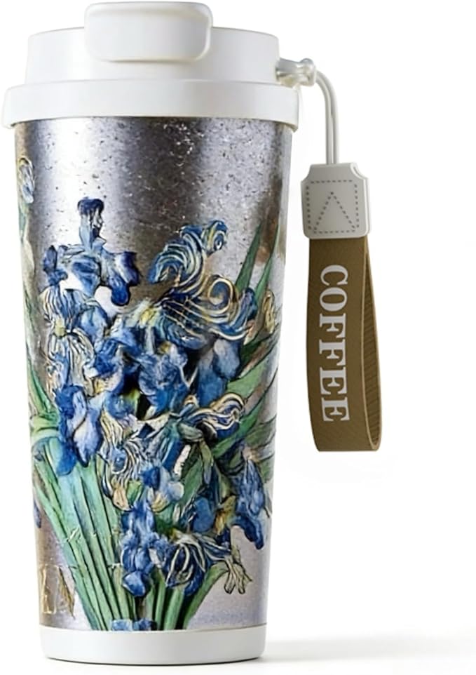 JWANGYUDG-100% Fully Titanium 17.5 oz Mug, 12-hour Thermal Insulation Coffee Mug, Artistic Travel Coffee Mug, Reusable Coffee Cup (Irises)