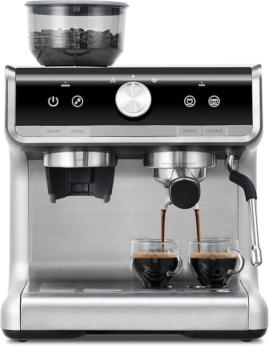 Semi-Automatic Espresso Machine, 20 Bar Professional Coffee Maker with Grinder, 1450W Fast Heating, 30 Grind Settings, Milk Frother Steam Wand, 2.8L Water Tank, Home & Kitchen Espresso Machines, Gray