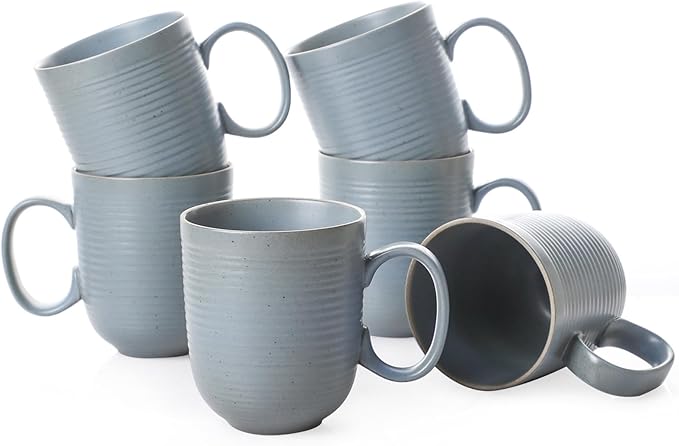 Kanwone Coffee Mugs 16 oz, Stoneware Mug Set, Ceramic Coffee Cups with Large Handles, Porcelain Mugs for Latte, Hot Tea, Cappuccino, Milk, Cocoa, Dishwasher Safe - Set of 6, Smoky Blue