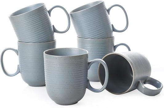 Kanwone Coffee Mugs 16 oz, Stoneware Mug Set, Ceramic Coffee Cups with Large Handles, Porcelain Mugs for Latte, Hot Tea, Cappuccino, Milk, Cocoa, Dishwasher Safe - Set of 6, Smoky Blue