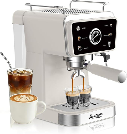 Espresso Machine – 20 Bar Pressure, Also Supports Americano, Latte, Cappuccino & Iced Coffee, 1.5L Water Tank, Milk Frothing & Hot Water, White Retro Design for Home & Office