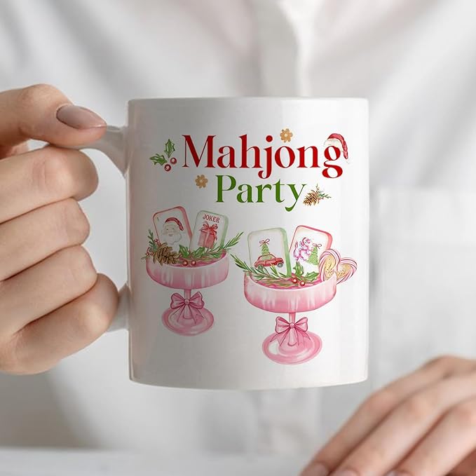 Christmas Pink Mahjong Cocktail Mug, Mahjong Gifts for Women Coffee Cup Ceramic, Gifts for Cocktail Lovers, Holiday Christmas Mah Jong Party Ceramic Coffee Tea Mug 11 oz
