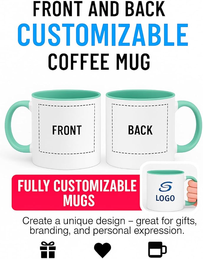 Personalized Coffee Mug | Custom Photo, Text, or Logo Cup (11oz, Mint Green Rim, Inner, and Handle) |Dishwasher & Microwave Safe |Unique Gift for Men & Women –Taza Personalizada