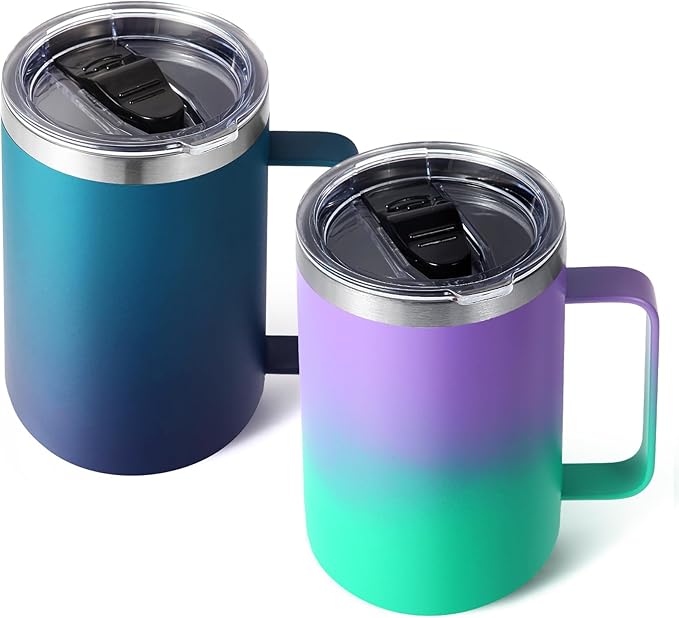 Volhoply 16oz Insulated Coffee Mug with Lid and Straw, Stainless Steel Travel Mugs with Handle, Double Wall Vacuum Leak Proof Coffee Tumbler Cup (Mixed,2)