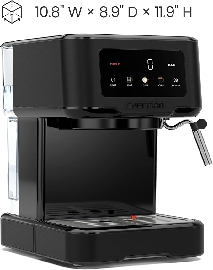 Chefman CraftBrew Espresso Machine, 15-Bar Pump Digital Espresso Maker w/Steam Wand for Latte & Cappuccino, Compact Espresso Coffee Machine w/ 1.5L Removable Water Reservoir - Black