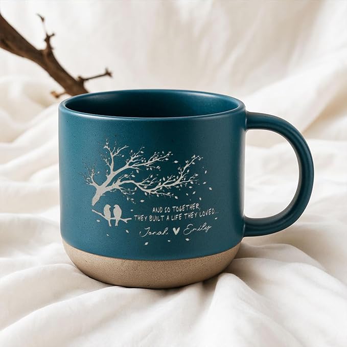 Personalized Love Birds Pottery Mug 12oz, Custom Couple Tree Design Coffee Mug with Names, Engagement, Wedding & Anniversary