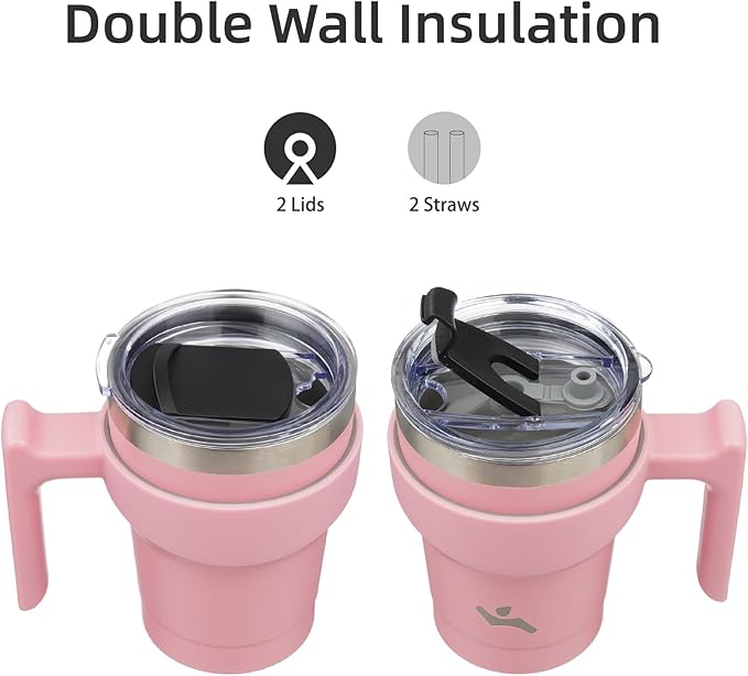 10 oz Tumbler with Handle and 2 Straw 2 Lid, Insulated Water Bottle Stainless Steel Vacuum Cup Reusable Travel Mug, Light Pink