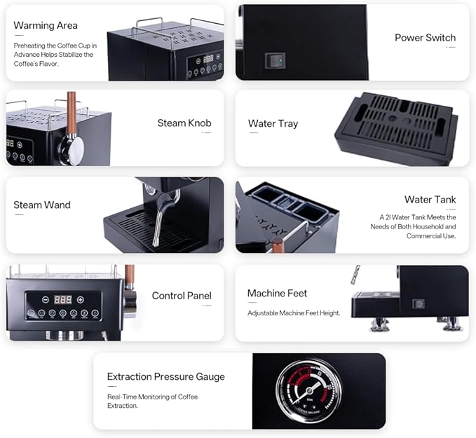 E147 9Bar Semi-automatic Espresso Machine, PID+NTC Temperature Control, Double ULKA Pump Double Boiler, Coffee Machine with OPV for Home Cafe