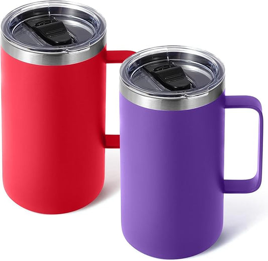 Volhoply 24oz Insulated Coffee Mug with Lid and Straw, Stainless Steel Travel Mugs with Handle, Double Wall Vacuum Leak Proof Coffee Tumbler Cup (Mix,2)