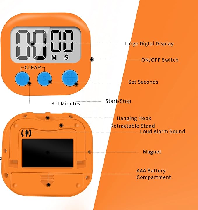 6 Pack Small Digital Kitchen Timer Magnetic Back and ON/Off Switch,Minute Second Count Up Countdown (Orange)