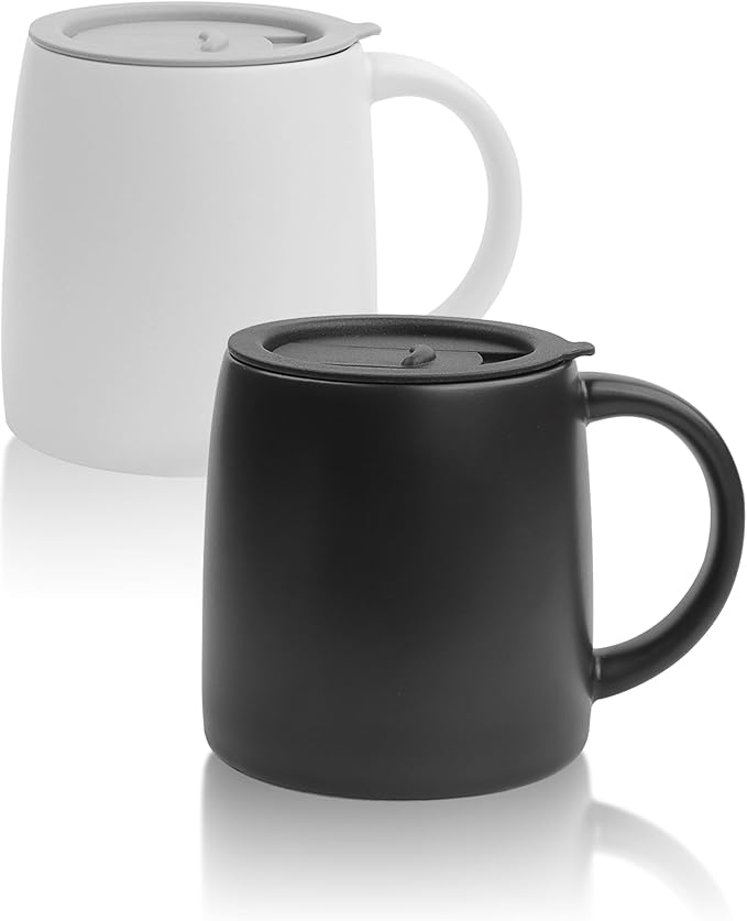 LINVIA Classic Mug, 14 oz Large Coffee Mug with Handle, Ceramic Porcelain Tea Cup, Smooth Matte (Sliding Lid, Set of 2, White and Black)