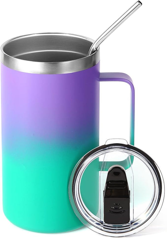 Volhoply 24oz Insulated Coffee Mug with Lid and Straw, Stainless Steel Travel Mugs with Handle, Double Wall Vacuum Leak Proof Coffee Tumbler Cup (Purple Green,1)