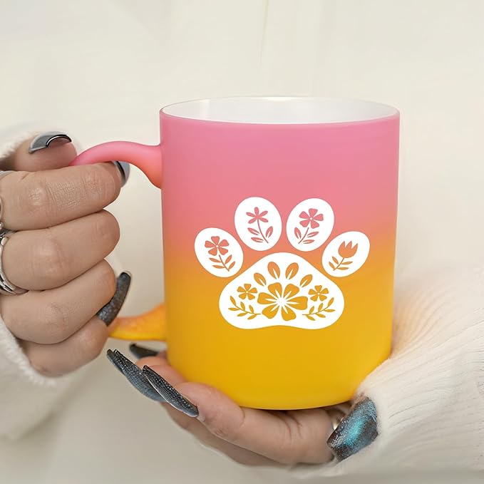 G MUGS Floral Dog Paw Ceramic Coffee Mug - 13oz Ceramic Tea Mug with Flower Decorated Paw Print Design,Gift for Pet Owners Women Men, Cute Dog Lover Yellow And Pink Mug