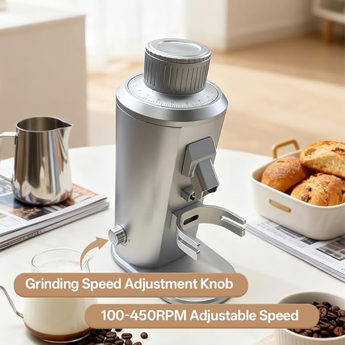 Electric Single Dose Coffee Grinder with Plasma Anti-Static, 63mm Conical Burrs, 350W Brushless Motor 100-450RPM Adjustable, Zero Retention (Silver)