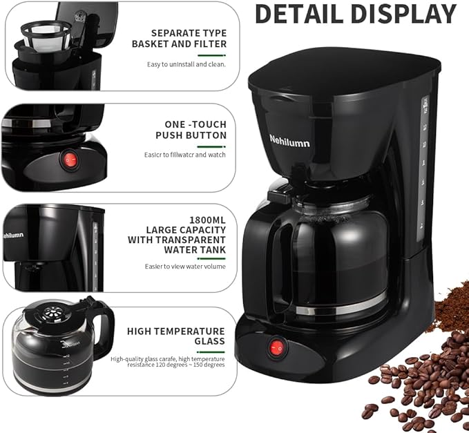 Nehilumn 12 Cup Drip Coffee Maker Machine, Coffee Pot Machine Permanent Coffee Filter,1.8L Glass Carafe Electric Coffee Maker,950W Black