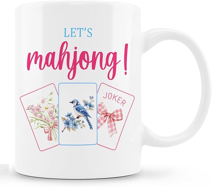Coquette Bow Floral Bird Mahjong Mug, Mahjong Gifts for Women Coffee Cup Ceramic, Gifts for Mah Jong Lovers Players Ceramic Coffee Tea Mug 11 oz