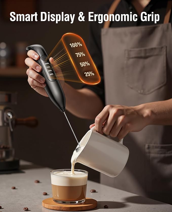 Dynooper Electric Milk Frother Handheld: Rechargeable 3 in 1 - LED Digital Display with 3 Speeds Portable Stainless Steel Drink Foam Mixer for Milk Coffee, Lattes, Cappuccino, Matcha - Matte black