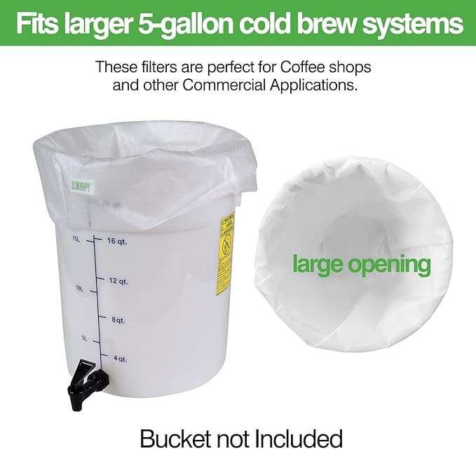SNAP! Cold Brew Commercial PLA Filter - 50 Count，Disposable Fine Mesh Brewing Bags Commercial Coffee Filters 17''x20'' Fits 5 Gallon Buckets Coffee Shop Restaurants, Natural White