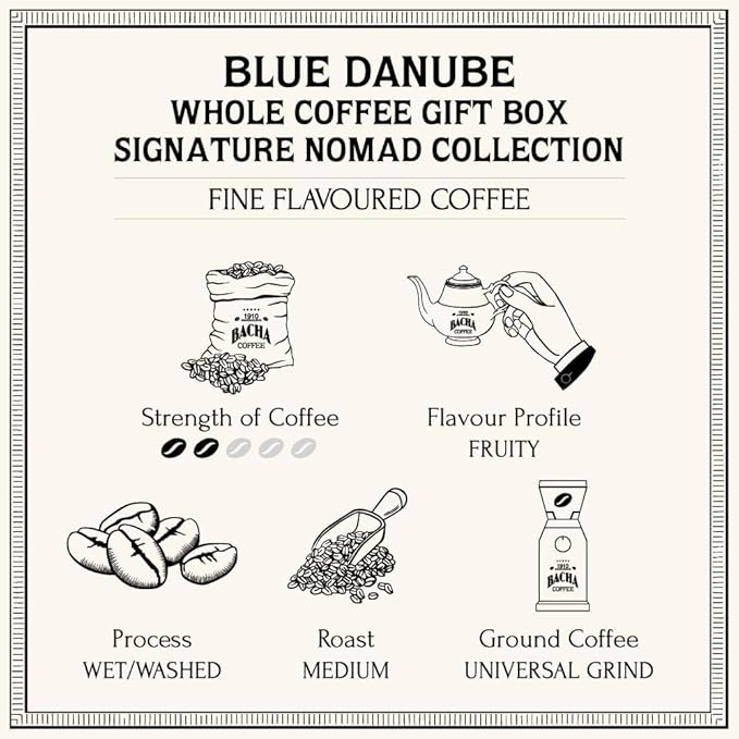 Bacha Coffee | Blue Danube Fine Flavoured, Whole Beans, Medium Roast, 100% Arabica Specialty Coffee, 250g Signature Nomad Collection, Gift Box