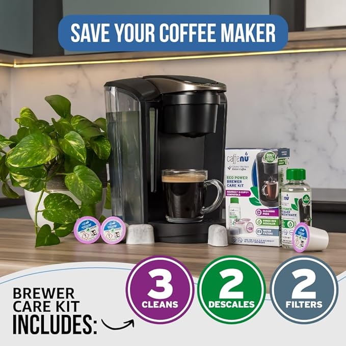 Caffenu Keurig Compatible Descaling Solution Cleaner and Descaler Kit. 2 Uses Descaling Solution, 3 Cleaning Pods and 2 Filter Replacement. 3 Months Maintenance Kit. For Keurig 1.0 & 2.0