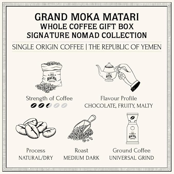 Bacha Coffee | Grand Moka Matari Single Origin, Whole Beans, Medium Dark Roast, 100% Arabica Specialty Coffee, 250g Signature Nomad Collection, Gift Box